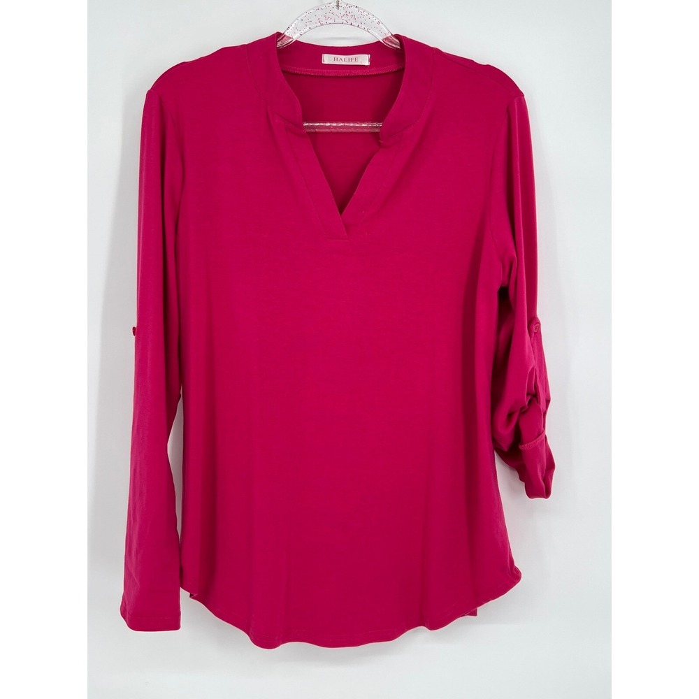 HALIFE‎ V-Neck Roll Tab Sleeve Top Blouse Casual Comfy Fuchsia Size L